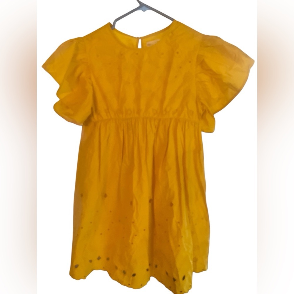 Zara Kids Yellow Embroidered Cotton Eyelet Dress Ruffle Sleeve Size 11-12 Boho